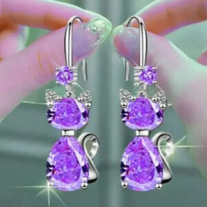 Chic Silver-Plated Purple Cat Earrings